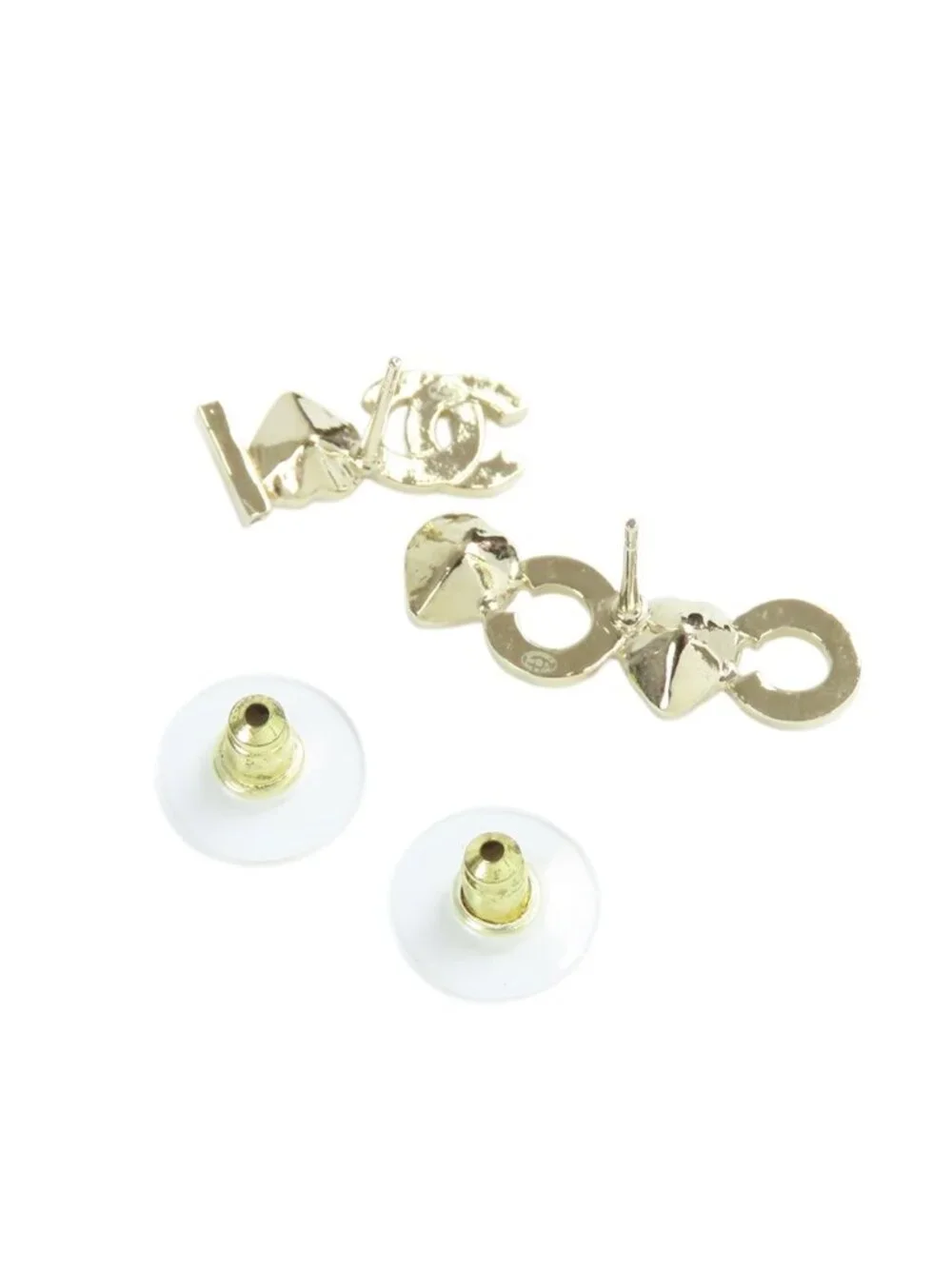Chanel Earrings Gold Pink Metal Rhinestone I Love CC Logo